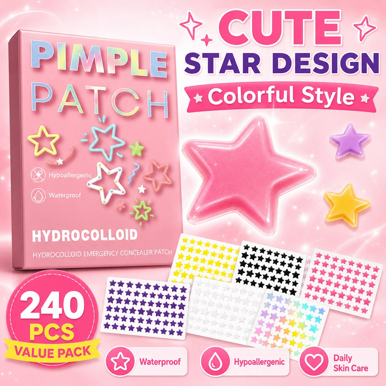 240pcs Star Pimple Patches For Face Hydrocolloid, Absorbing Cover, Tea Tree, Hydrocolloid Acne Patch, Cute Star Pimple