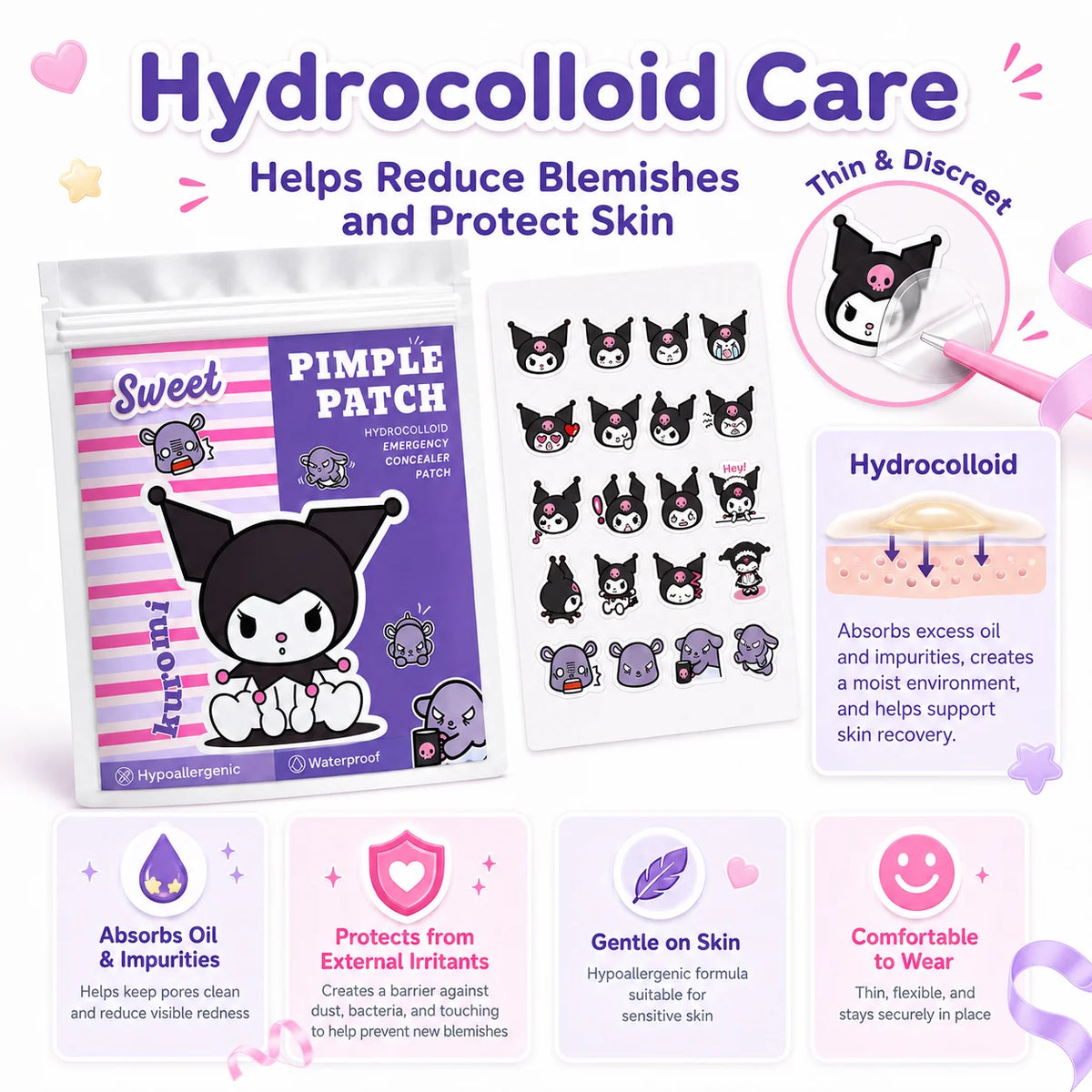 Sanrio Kuromi Hydrocolloid Pimple Patches,Cute Acne Spot Cover Stickers, Invisible Blemish Patches for Face, Day & Night, Unisex