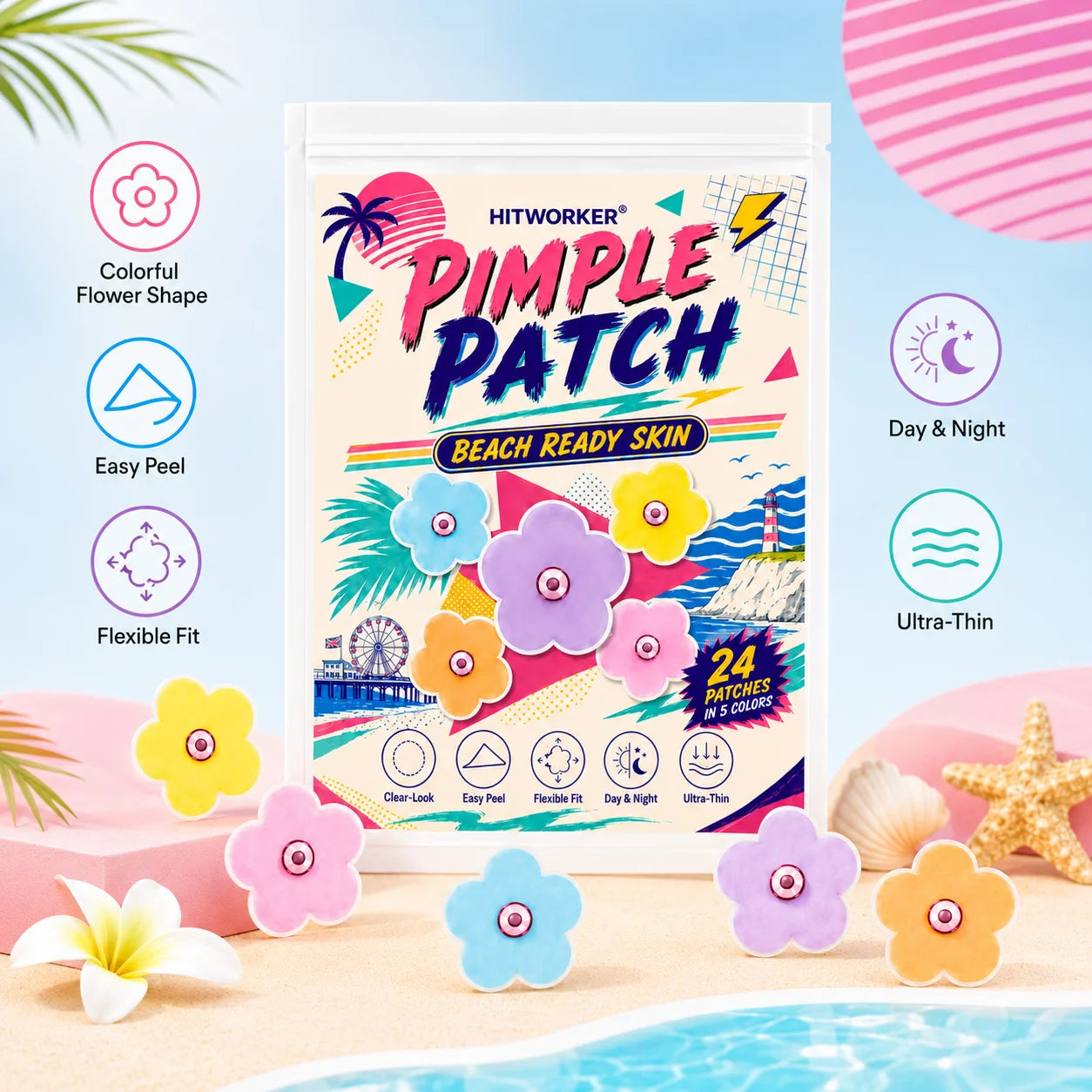 50/150 pcs HITWORKER Flower Pimple Patch, Colorful Flower Shape Patches, 5 Colors, Ultra-Thin Clear-Look Daily Care Stickers