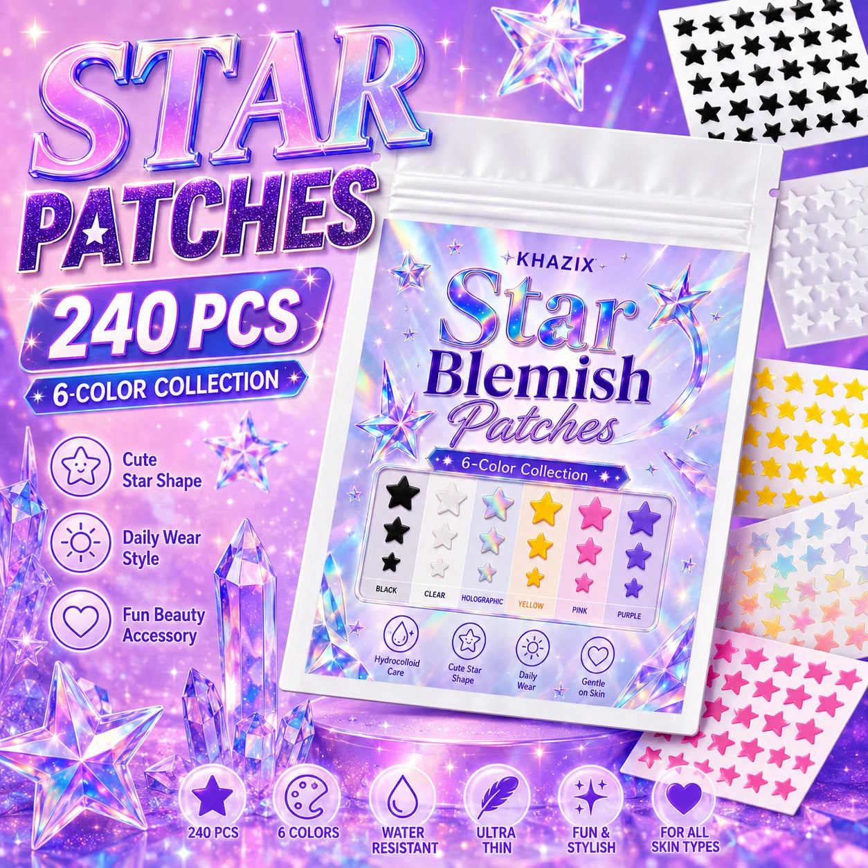 240PCS  Star Pimple Patches For Face Hydrocolloid, Absorbing Cover, Tea Tree, Hydrocolloid Acne Patch, Cute Star Pimple