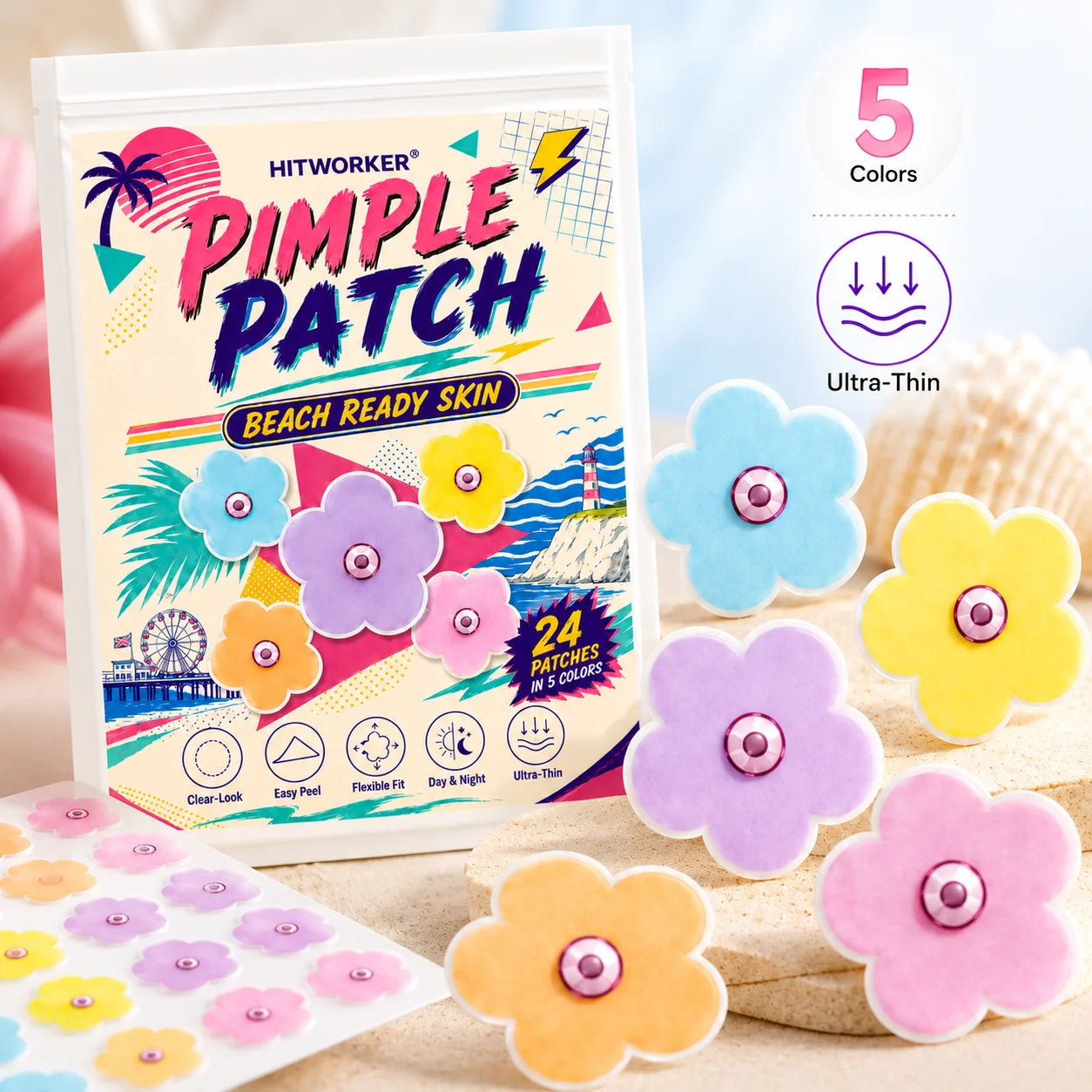 50/150 pcs HITWORKER Flower Pimple Patch, Colorful Flower Shape Patches, 5 Colors, Ultra-Thin Clear-Look Daily Care Stickers