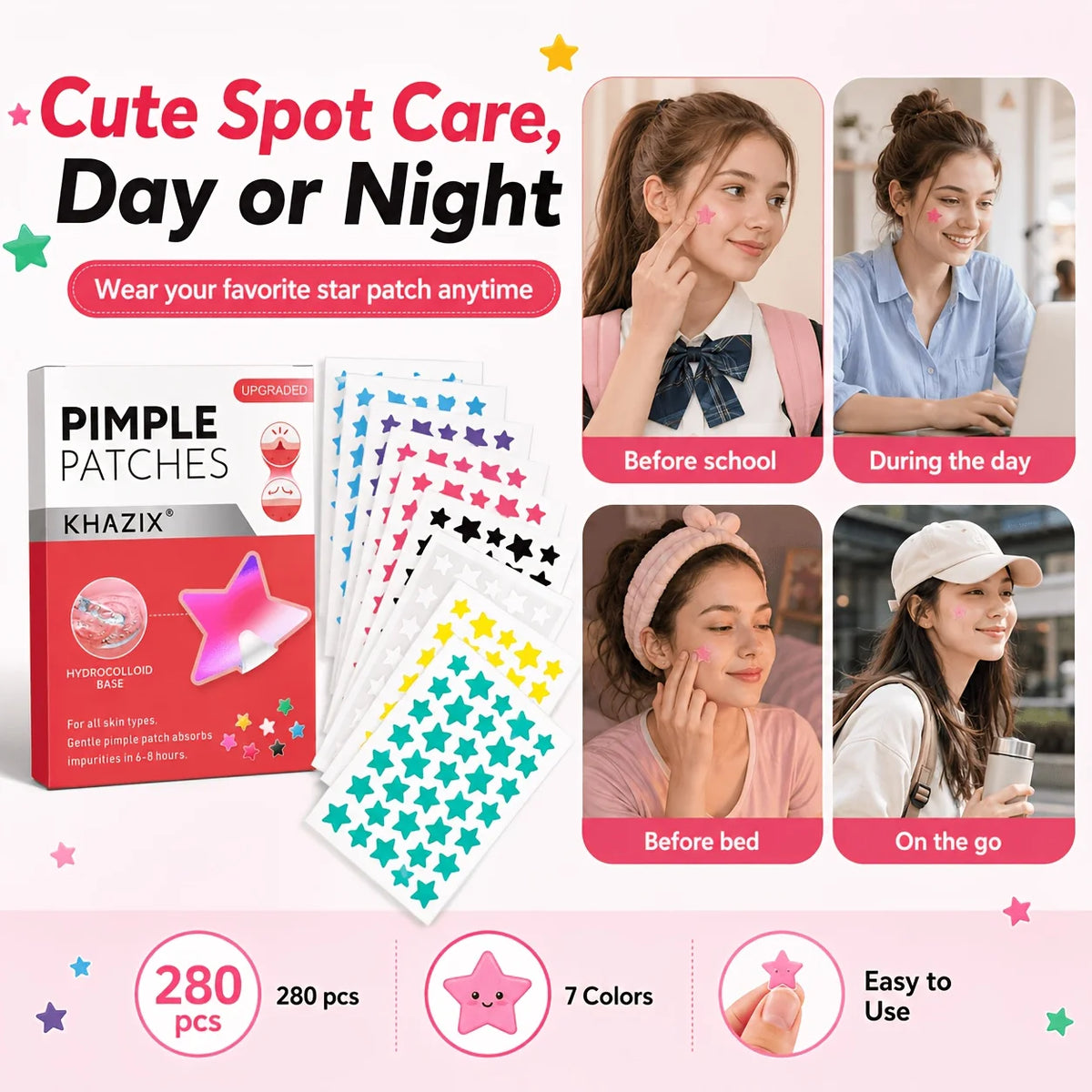 280pcs Star Pimple Patches, 7 Colors Hydrocolloid Acne Spot Stickers, Cute Waterproof Blemish Cover Patches for Face, Day & Nigh