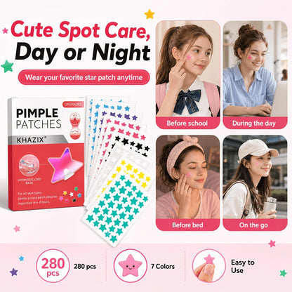 280pcs Star Pimple Patches, 7 Colors Hydrocolloid Acne Spot Stickers, Cute Waterproof Blemish Cover Patches for Face, Day & Nigh