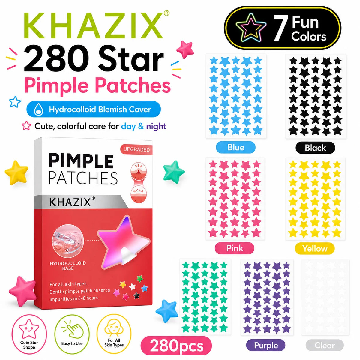 280pcs Star Pimple Patches, 7 Colors Hydrocolloid Acne Spot Stickers, Cute Waterproof Blemish Cover Patches for Face, Day & Nigh