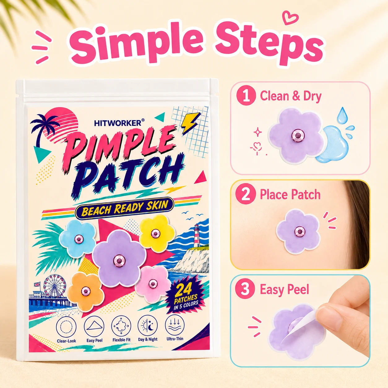 50/150 pcs HITWORKER Flower Pimple Patch, Colorful Flower Shape Patches, 5 Colors, Ultra-Thin Clear-Look Daily Care Stickers