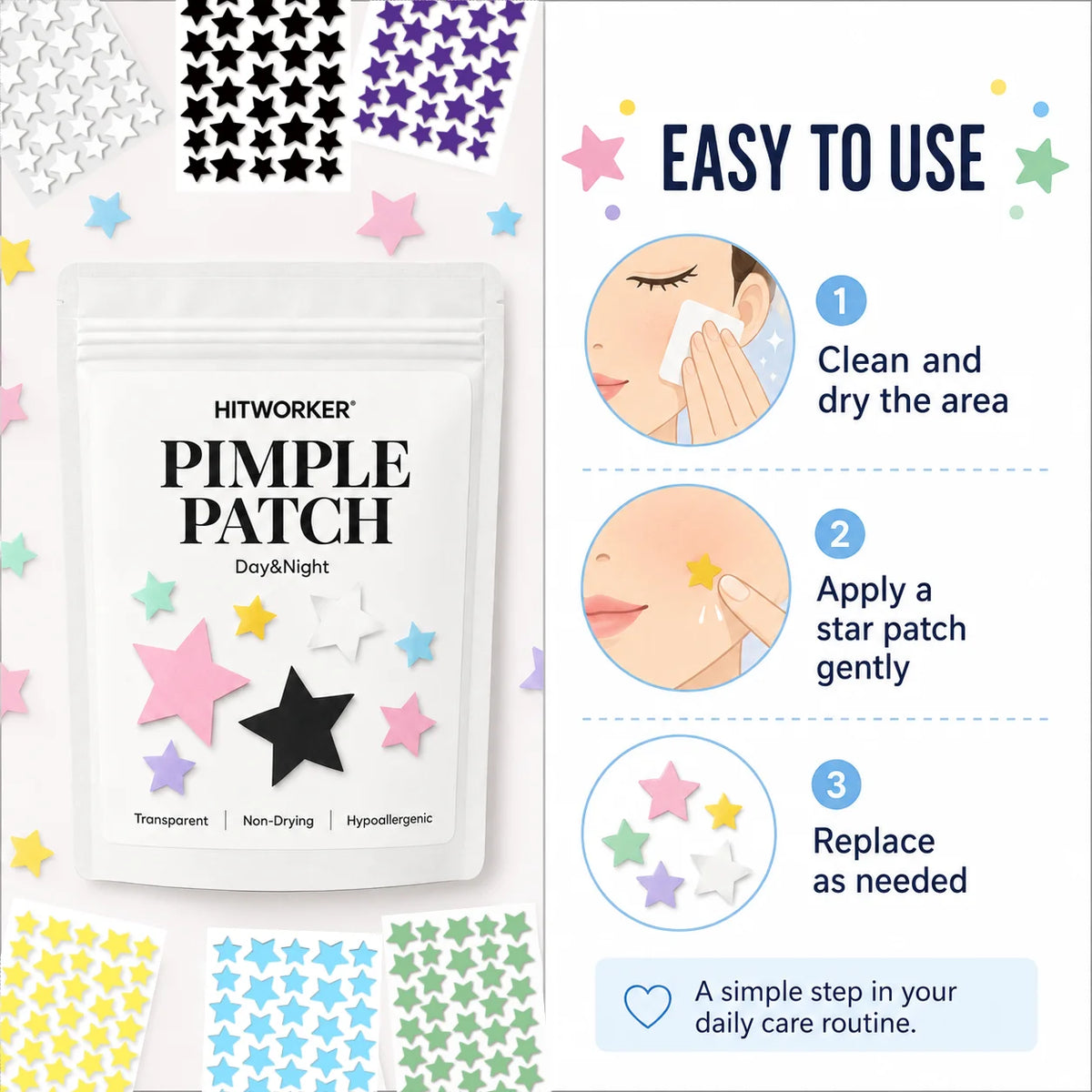 280Pcs Rainbow Colorful Star Acne Pimple Patches, Cute Multi-Color Hydrocolloid Blemish Spot Stickers, Oil Absorbing Invisible F