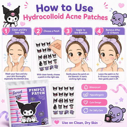 Sanrio Kuromi Hydrocolloid Pimple Patches,Cute Acne Spot Cover Stickers, Invisible Blemish Patches for Face, Day & Night, Unisex