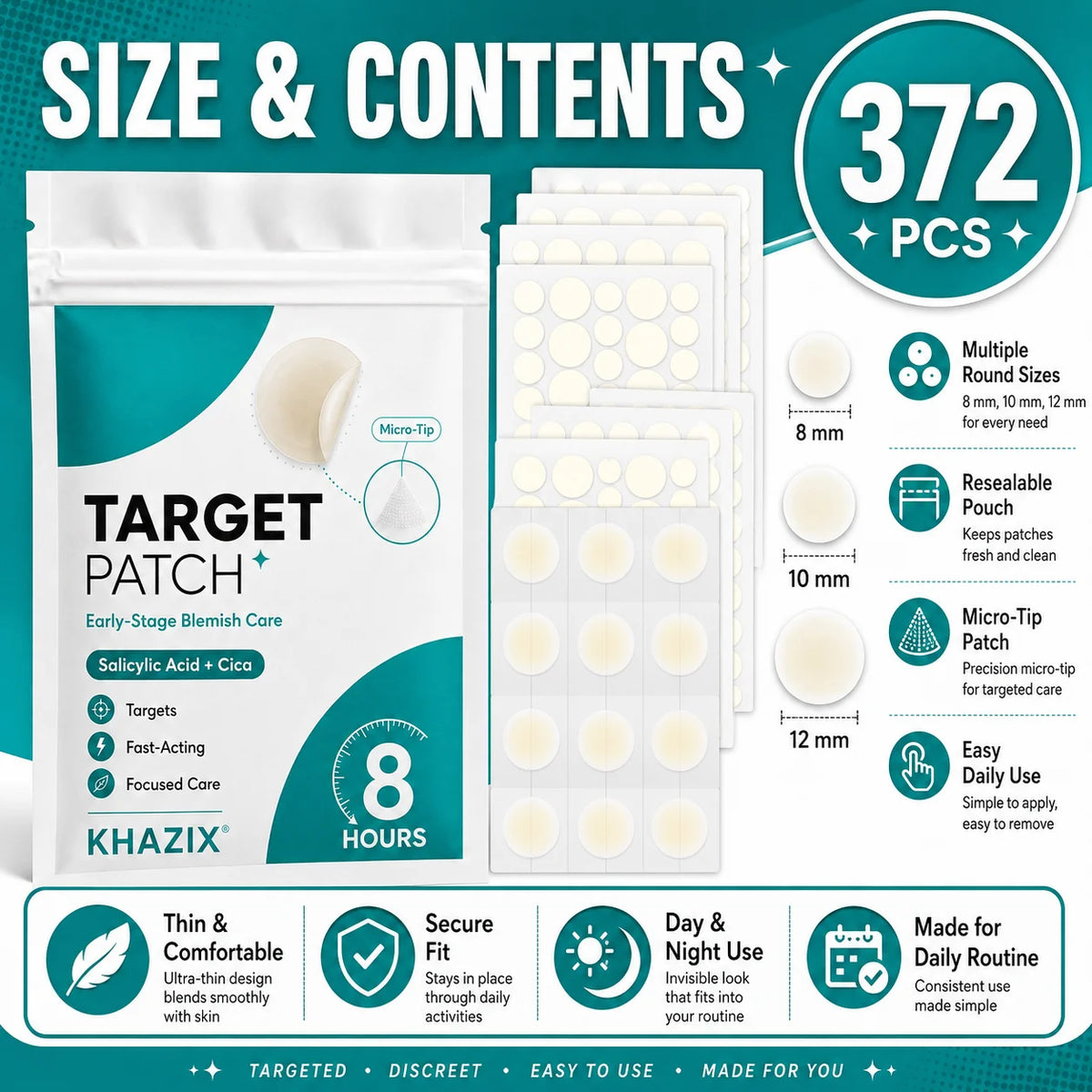 372PCS Hydrocolloid Acne Pimple Patch, Hydrocolloid Spot Stickers, Covering Zits and Defect, Nighttime Spot Stickers for Face