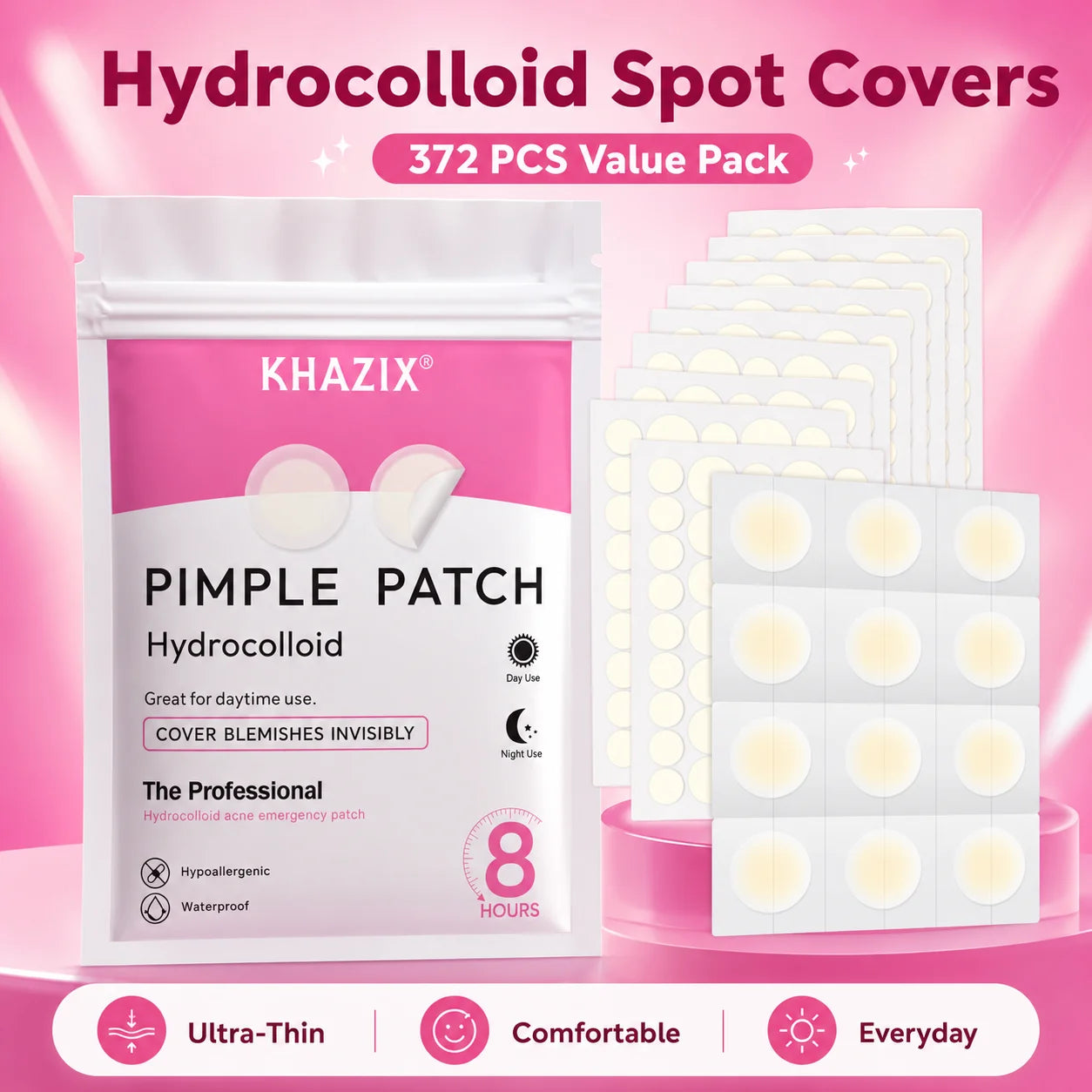 372PCS Hydrocolloid Acne Pimple Patch, Hydrocolloid Spot Stickers, Covering Zits and Defect, Nighttime Spot Stickers