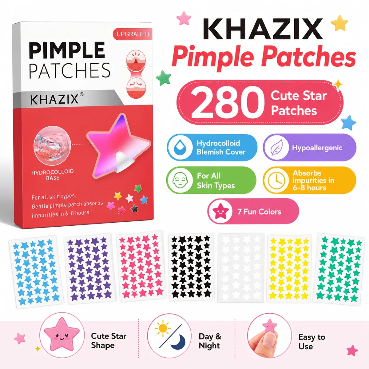 280pcs Star Pimple Patches, 7 Colors Hydrocolloid Acne Spot Stickers, Cute Waterproof Blemish Cover Patches for Face, Day & Nigh