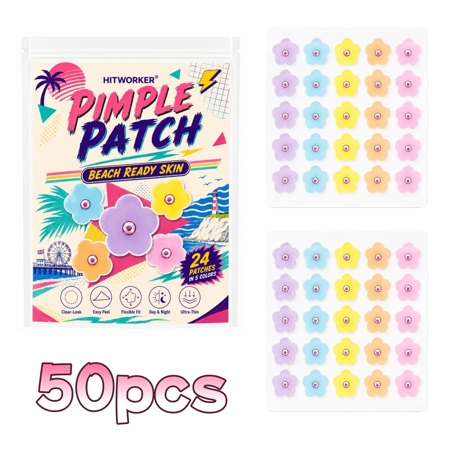 50/150 pcs HITWORKER Flower Pimple Patch, Colorful Flower Shape Patches, 5 Colors, Ultra-Thin Clear-Look Daily Care Stickers