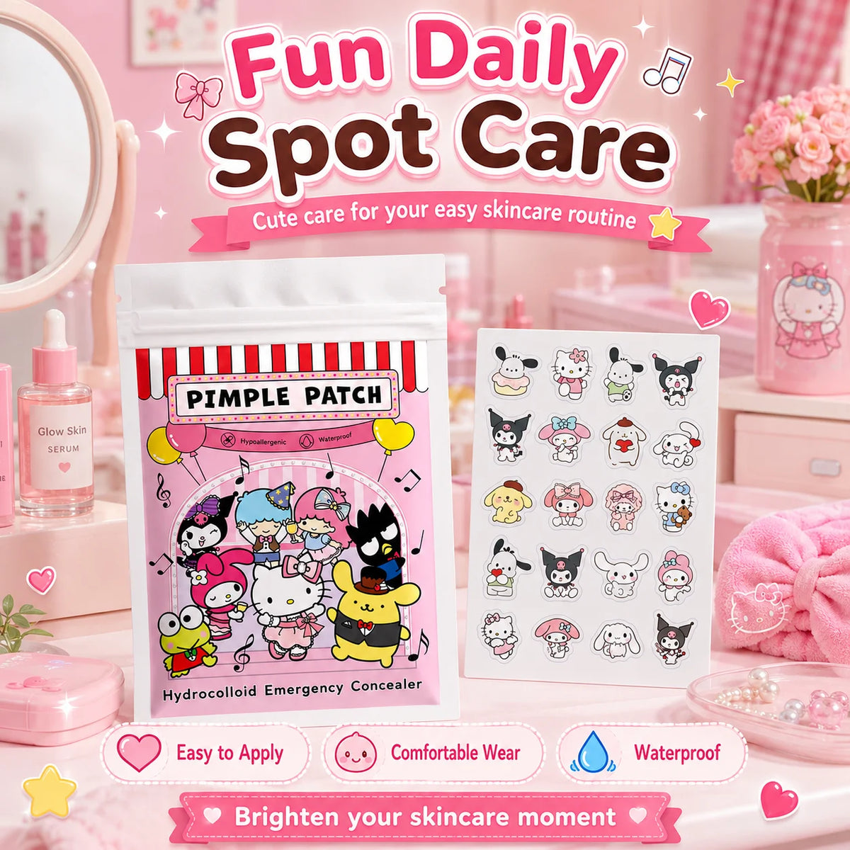 20/100pcs Hello Kitty Hydrocolloid Pimple Patch Set, Cute Cartoon Spot Stickers, Waterproof Invisible Face Care Patches