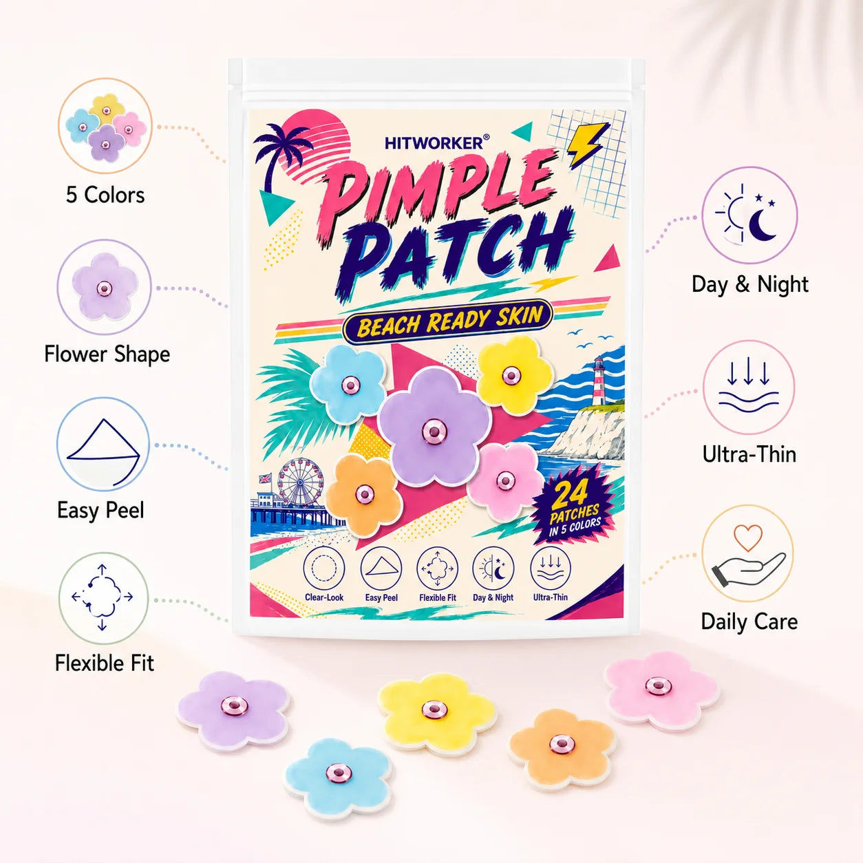50/150 pcs HITWORKER Flower Pimple Patch, Colorful Flower Shape Patches, 5 Colors, Ultra-Thin Clear-Look Daily Care Stickers