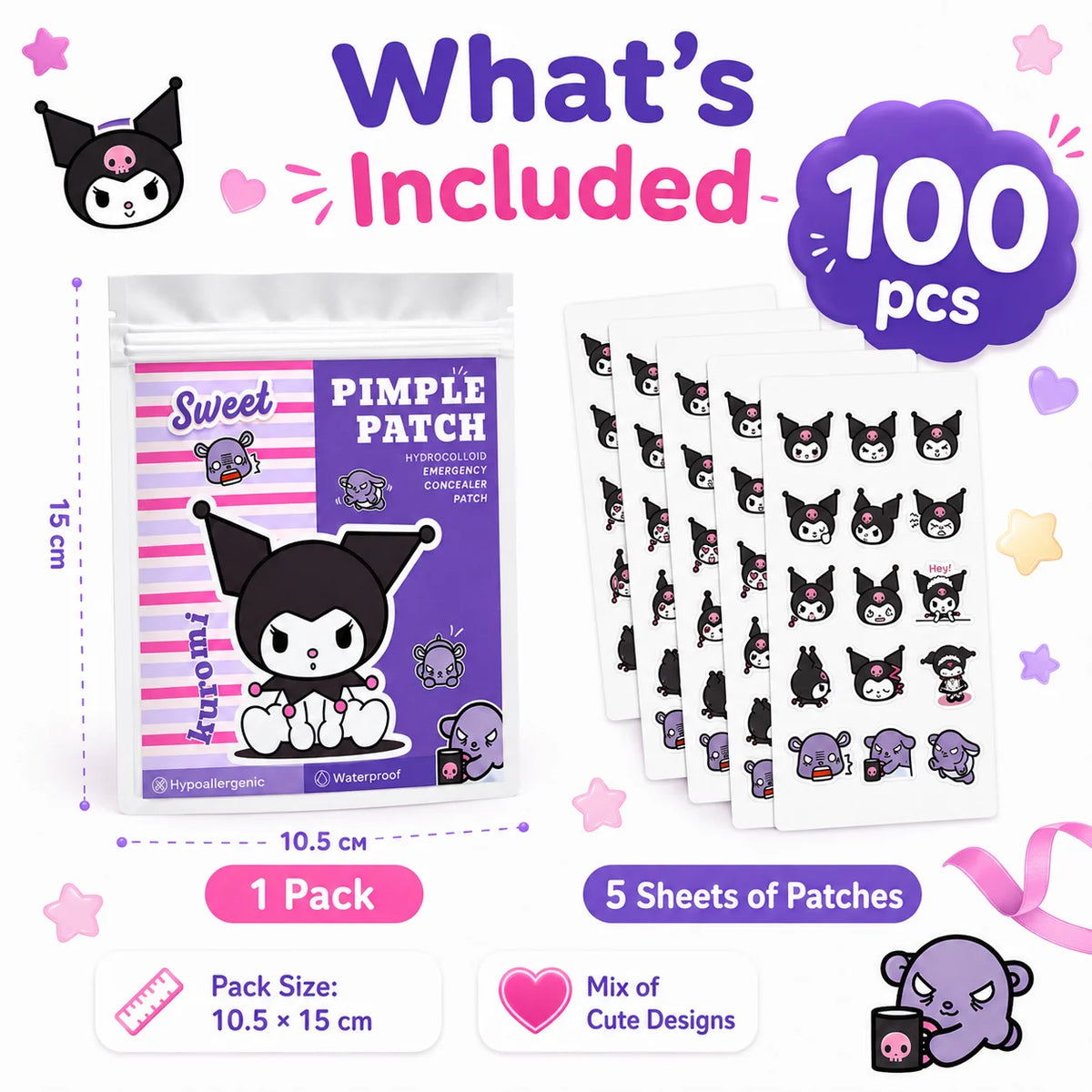 Sanrio Kuromi Hydrocolloid Pimple Patches,Cute Acne Spot Cover Stickers, Invisible Blemish Patches for Face, Day & Night, Unisex