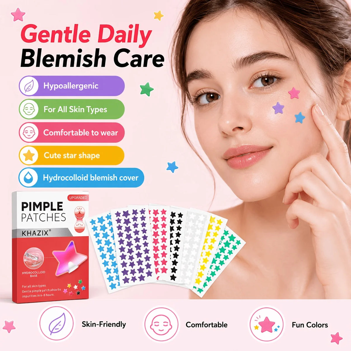 280pcs Star Pimple Patches, 7 Colors Hydrocolloid Acne Spot Stickers, Cute Waterproof Blemish Cover Patches for Face, Day & Nigh