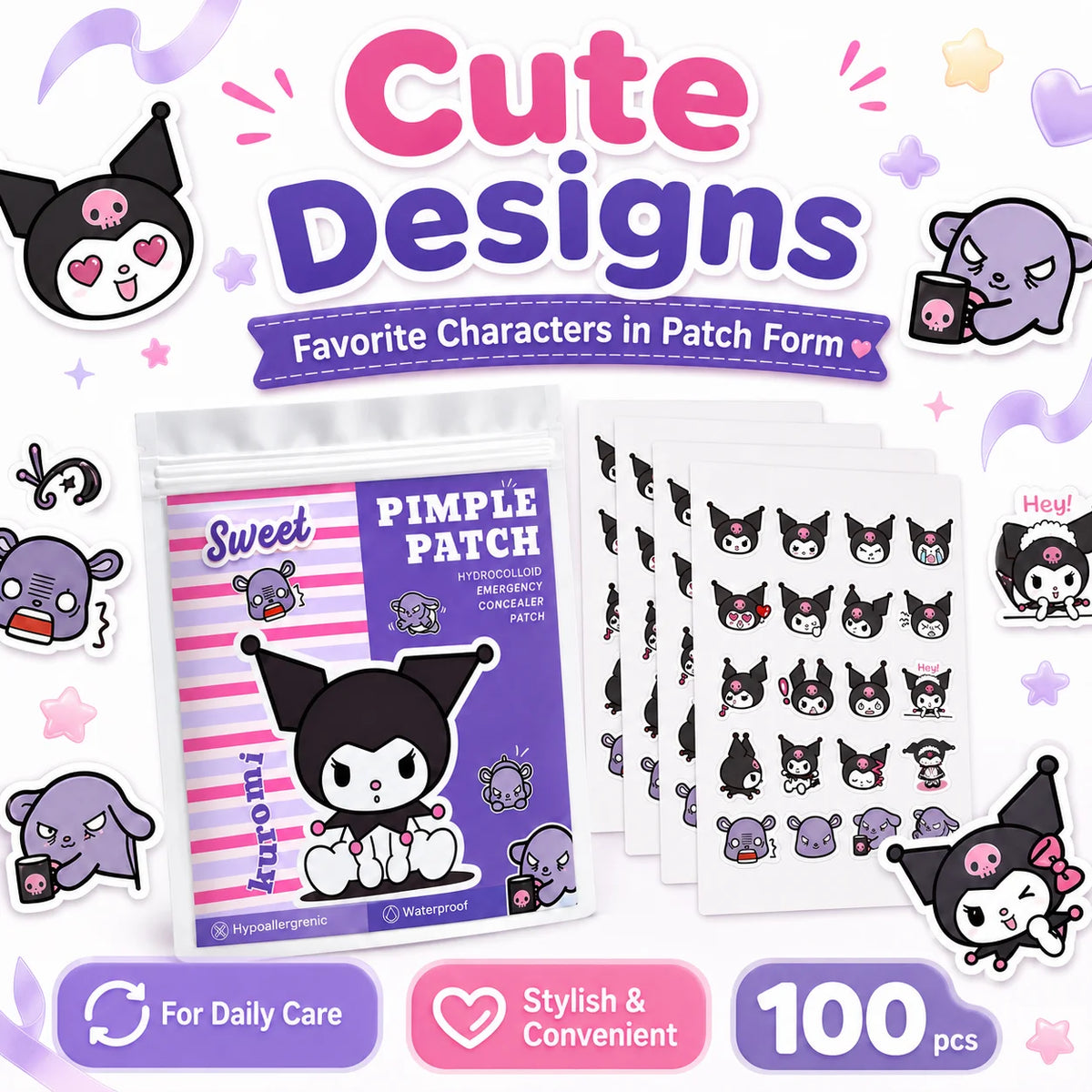Sanrio Kuromi Hydrocolloid Pimple Patches,Cute Acne Spot Cover Stickers, Invisible Blemish Patches for Face, Day & Night, Unisex
