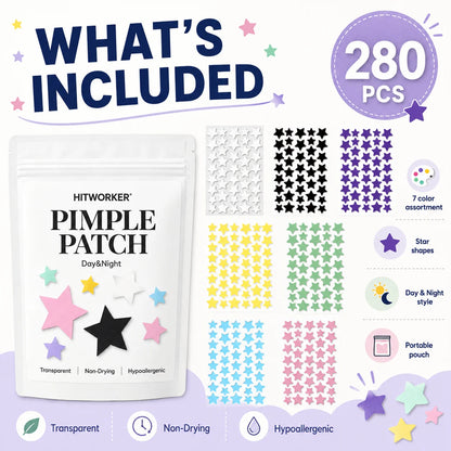 280Pcs Rainbow Colorful Star Acne Pimple Patches, Cute Multi-Color Hydrocolloid Blemish Spot Stickers, Oil Absorbing Invisible F