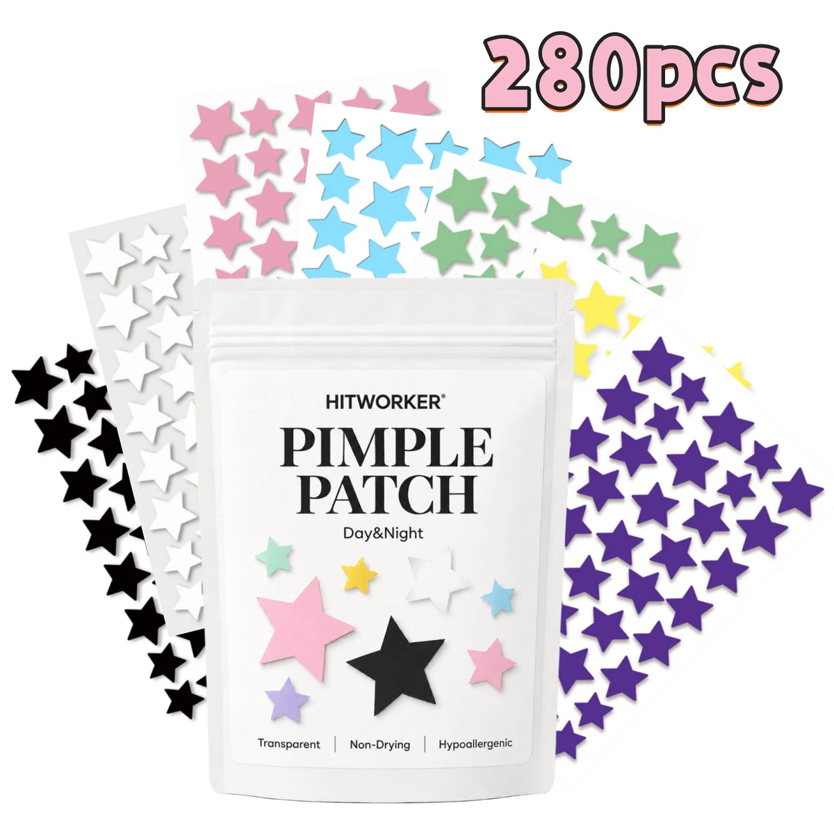 280Pcs Rainbow Colorful Star Acne Pimple Patches, Cute Multi-Color Hydrocolloid Blemish Spot Stickers, Oil Absorbing Invisible F