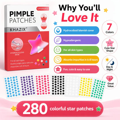 280pcs Star Pimple Patches, 7 Colors Hydrocolloid Acne Spot Stickers, Cute Waterproof Blemish Cover Patches for Face, Day & Nigh