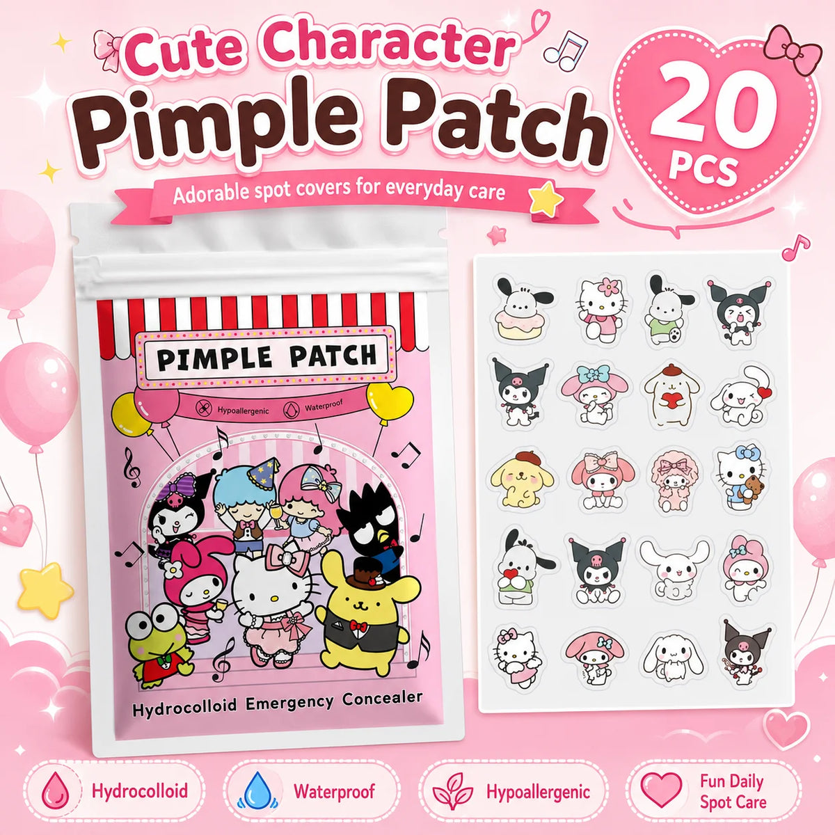 20/100pcs Hello Kitty Hydrocolloid Pimple Patch Set, Cute Cartoon Spot Stickers, Waterproof Invisible Face Care Patches