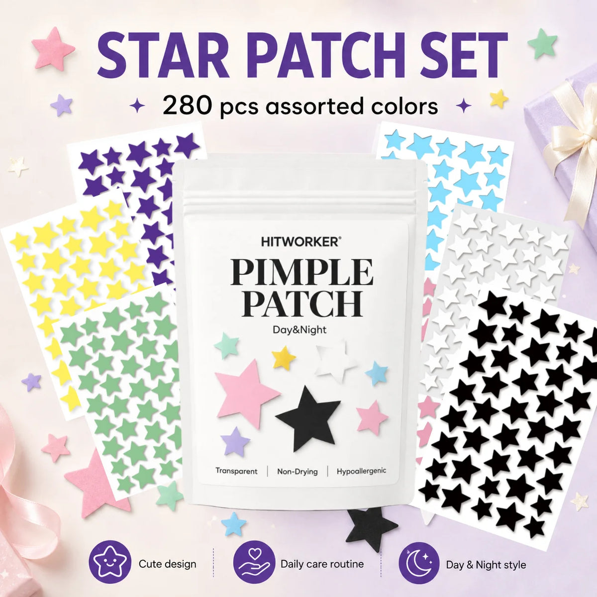 280Pcs Rainbow Colorful Star Acne Pimple Patches, Cute Multi-Color Hydrocolloid Blemish Spot Stickers, Oil Absorbing Invisible F